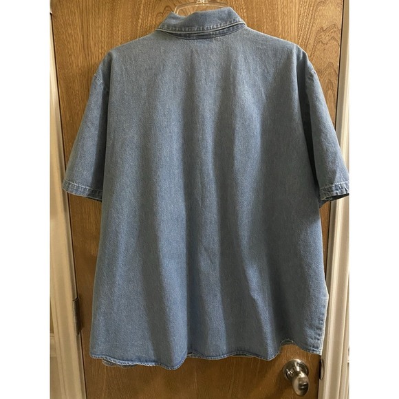 Vintage Alexa EM 80s Denim Button Down Short Sleeve Shirt Plaid Embellished XL - Picture 2 of 9